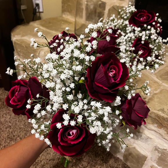 Bouquet with 6 deep red/burgundy roses and white baby’s breath. Have multiple - Picture 5 of 5